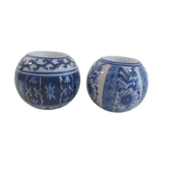 Vtg Set of 2 Round Delft Blue 3" Candle Holders Porcelain Oriental Hand Painted - Picture 4 of 5
